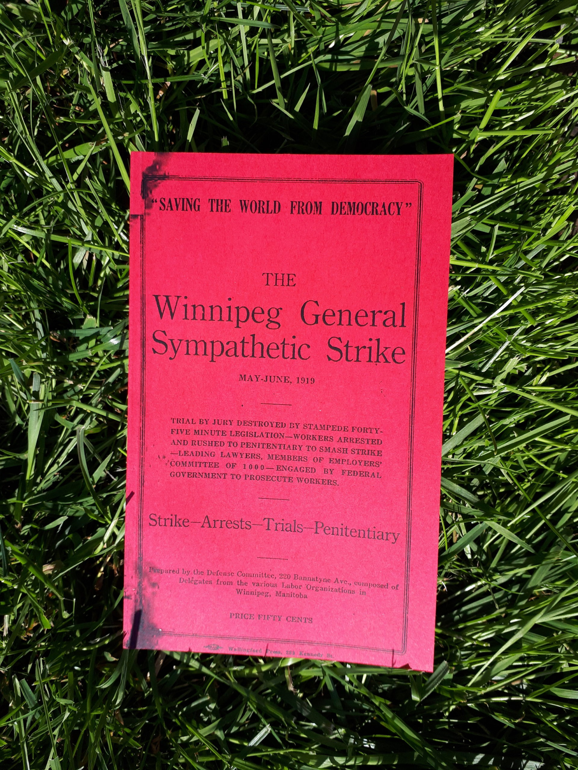 A book with bright read covers laying on a surface of vibrant green grass. The cover reads in part "'Saving the World from Democracy', The Winnipeg General Sympathetic Strike"